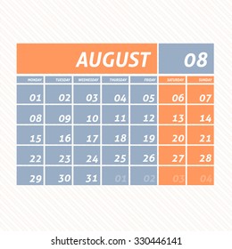 August 2016 Flat Calendar Design - Week Starts Monday