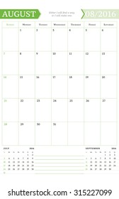 August 2016. Monthly Calendar Planner for 2016 Year. Vector Design Print Template with Place for Notes. Week Starts Sunday. Portrait Orientation