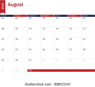 August 2016 - planning calendar 