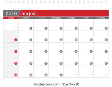 August 2016 planning calendar