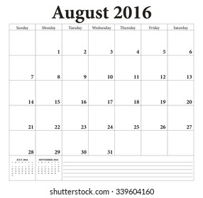 August 2016 -planning calendar. Weeks start on Sunday.