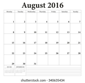 August 2016 Planning Calendar Weeks Start Stock Vector (Royalty Free ...