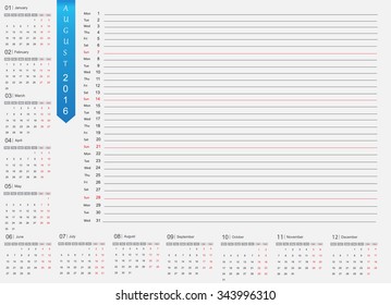 August 2016 planning calendar.Vector illustration.