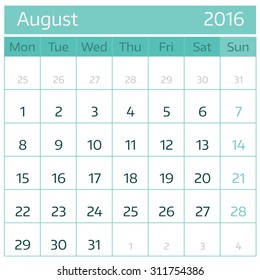 August 2016. Simple european calendar for 2016 year one month grid. Vector illustration.
