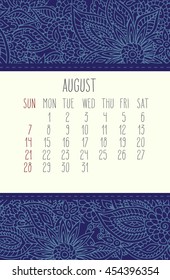August 2016 vector calendar over blue lacy doodle hand drawn background, week starting from Sunday.