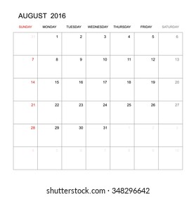 August 2016 - Vector calendar template design for planning. Week start from Sunday.
