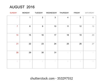 August 2016 - Vector calendar template design for planning. Week start from Sunday.