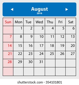 August 2016 - Vector calendar template design for planning. Week start from Sunday.