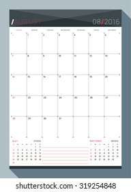 August 2016. Vector Design Print Template. Monthly Calendar Planner for 2016 Year. 3 Months on Page. Week Starts Sunday