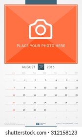 August 2016. Wall Monthly Calendar for 2016 Year. Vector Design Print Template with Place for Photo. Week Starts Sunday. Portrait Orientation