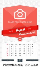 August 2016. Wall Monthly Calendar for 2016 Year. Vector Design Print Template with Place for Photo and Pattern Background. Week Starts Sunday
