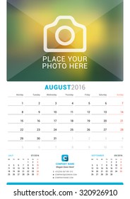 August 2016. Wall Monthly Calendar for 2016 Year. Vector Design Print Template with Place for Photo. Week Starts Monday. 3 Months on Page