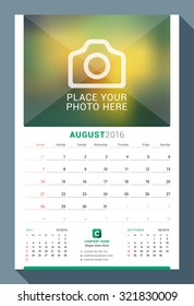 August 2016. Wall Monthly Calendar for 2016 Year. Vector Design Print Template with Place for Photo. Week Starts Sunday. 3 Months on Page