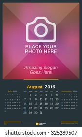August 2016. Wall Monthly Calendar for 2016 Year. Vector Design Print Template with Place for Photo. Dark Background. Week Starts Sunday. 3 Months on Page