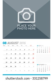 August 2016. Wall Monthly Calendar for 2016 Year. Vector Design Print Template with Place for Photo and Place for Notes. 3 Months on Page. Week Starts Monday