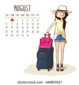 August. 2017 calendar with cute girl go to travel. Girl with a suitcase. Summer voyage. Can be used like greeting cards.