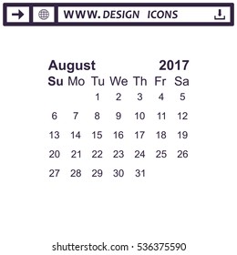 August 2017 Calendar Icon Vector flat design style