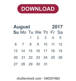 August 2017 Calendar Icon Vector flat design style
