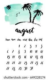 August 2017 calendar with ink calligraphy elements and palm trees and watercolor light green background. Week starts Sunday.