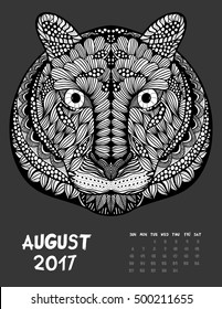 August, 2017 calendar. Line Art Black and white Illustration. Tiger. Print anti-stress coloring page.