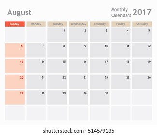 August 2017 calendar planner, monthly calendar, vector illustrator