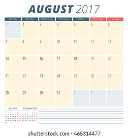 August 2017. Calendar Planner for 2017 Year. Week Starts Monday. Stationery Design. Vector Calendar Template