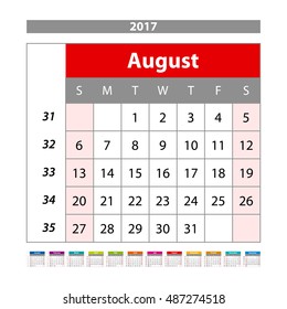 August 2017. Calendar Planner for 2017 Year. Week Starts Monday. Stationery Design. Vector Calendar Template art