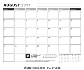 August 2017. Calendar Planner for 2017 Year. Week Starts Sunday. Black and White Color Theme. Stationery Design
