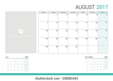 August 2017 calendar with space for picture and lines for taking notes
