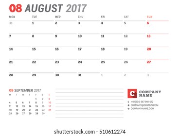 August 2017. Calendar Template for 2017 Year. Stationery Design. Week starts Monday. Business Planner Template with Place for Company Logo and Contact Information. Vector Illustration