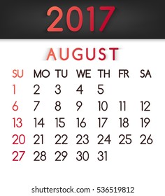 August 2017 calendar vector in a flat style in red tones. Week starts on Sunday.