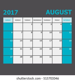 August 2017 calendar week starts on Sunday, stock vector