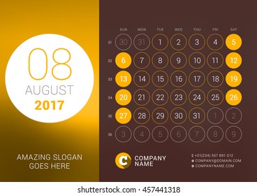August 2017. Desk Calendar for 2017 Year. Vector Design Print Template with Place for Photo. Week Starts Sunday. Calendar Grid with Week Numbers