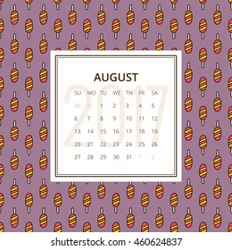August 2017. One month calendar vector template in a page, square format. Hand drawn seamless pattern with ice lolly on background. Week starts on Sunday. Purple, yellow and red colors