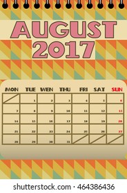 August 2017 Retro Calendar, starts with Monday. Vector file contains isolated spiral binding layer geometric shapes in background. Whole set in my portfolio.