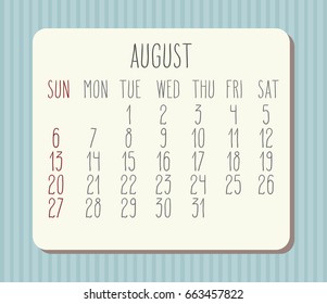 August 2017 vector calendar with hand drawn text over pastel blue striped background. Week starting from Sunday.