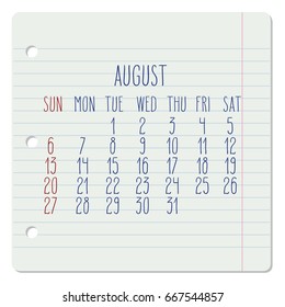 August 2017 vector calendar on a ruled notebook page. Week starting from Sunday. Hand written typography.