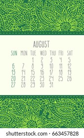 August 2017 vector calendar over green lacy doodle hand drawn background, week starting from Sunday.
