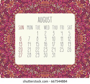 August 2017 vector calendar over pink lacy doodle hand drawn background, week starting from Sunday.