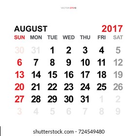 August 2017. Vector monthly calendar template 2017 year in simple style for template design. Week starts from Sunday.