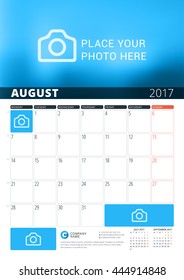 August 2017. Wall Calendar Planner Template for 2017 Year. Vector Design Print Template with Place for Photo and Notes. Week Starts Monday. 3 Months on Page