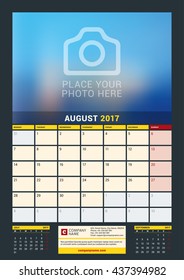 August 2017. Wall Calendar for 2017 Year. Vector Design Print Template with Place for Photo. Dark Background. Week Starts Monday. 3 Months on Page. Planner Template. Stationery Design