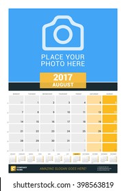August 2017. Wall Monthly Calendar for 2017 Year. Vector Design Print Template with Place for Photo and Year Calendar. Week Starts Monday
