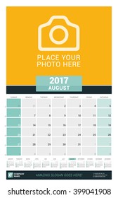 August 2017. Wall Monthly Calendar for 2017 Year. Vector Design Print Template with Place for Photo and Year Calendar. Week Starts Sunday