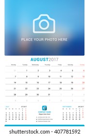 August 2017. Wall Monthly Calendar for 2017 Year. Vector Design Print Template with Place for Photo. Week Starts Monday. 3 Months on Page
