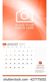 August 2017. Wall Monthly Calendar for 2017 Year. Vector Design Print Template with Place for Photo. Week Starts Sunday. Planner Template. Stationery Design