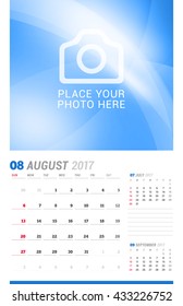 August 2017. Wall Monthly Calendar for 2017 Year. Vector Design Print Template with Place for Photo. Week Starts Sunday. 3 Months on Page. Planner Template. Stationery Design