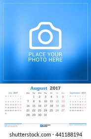 August 2017. Wall Monthly Calendar for 2017 Year. Vector Design Print Template with Place for Photo. Week Starts Monday. 3 Months on Page
