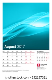 August 2017. Wall Monthly Calendar for 2017 Year. Vector Design Print Template with Place for Photo. Week Starts Monday. 2 Months on Page