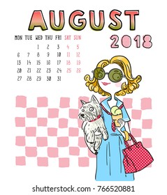 August. 2018 calendar. Cute girl with dog. Can be used like greeting cards.